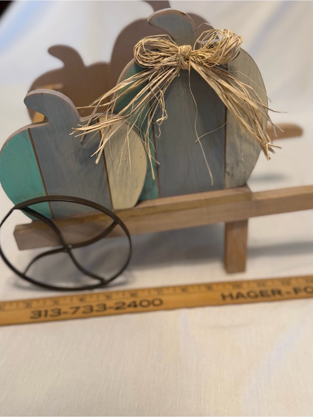 Wooden Pumpkin Wheelbarrow Fall Decor in Muted Teal, Gray, Cream
